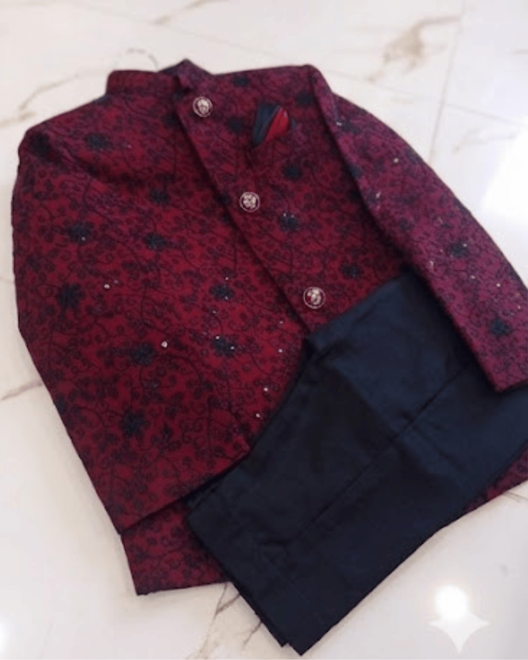 Maroon Floral Pattern Sherwani with Black Trouser- Premium Weeding Wear