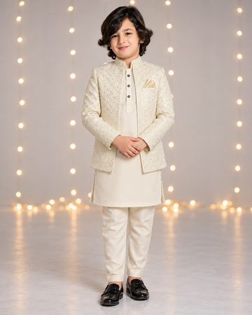 Cream Diamond Embroidered Prince Coat 3-Pcs