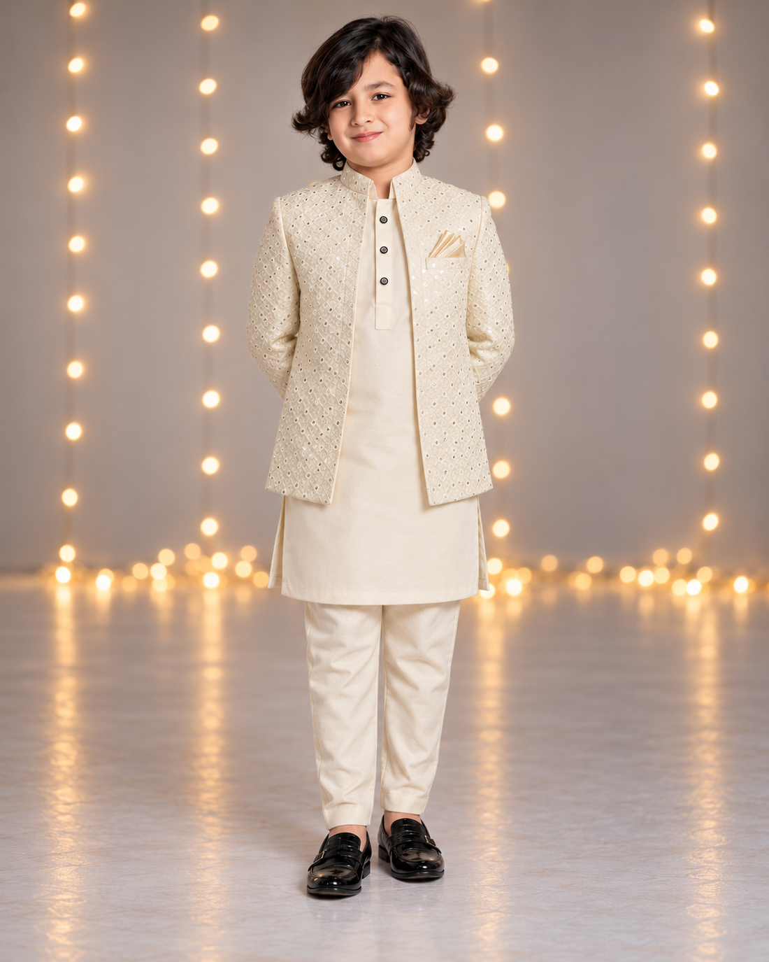 Cream Diamond Embroidered Prince Coat 3-Pcs