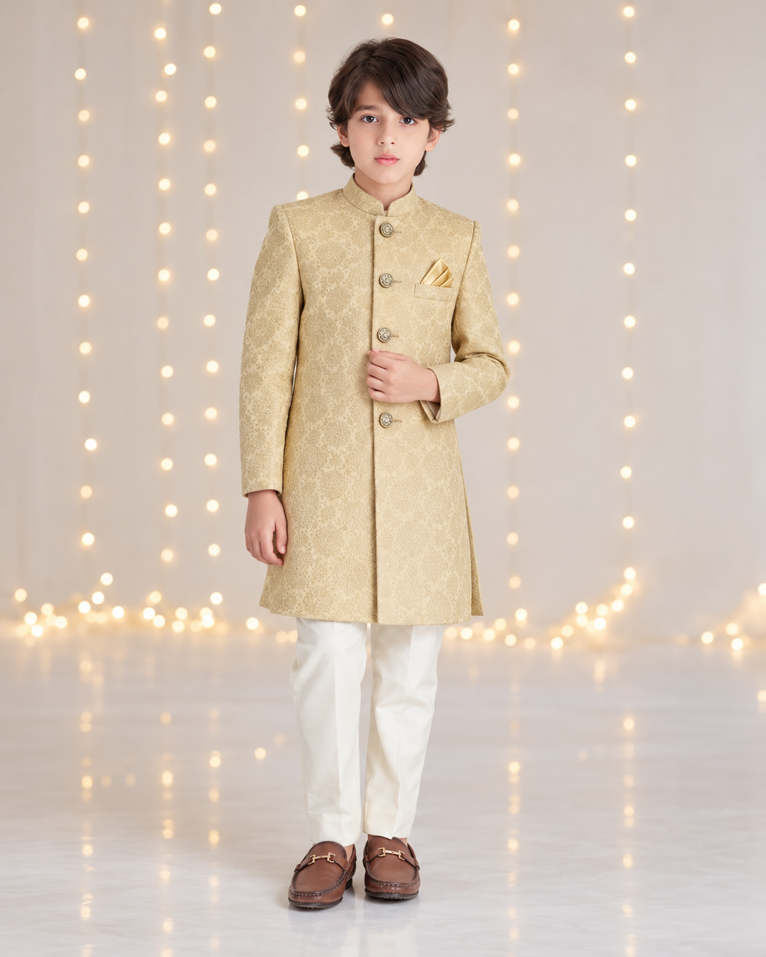 Fawn Beige Embossed Sherwani Suit for Boys