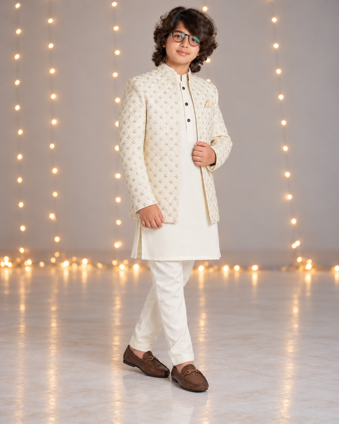 Cream Embroidered Prince Coat 3-Piece for Boys