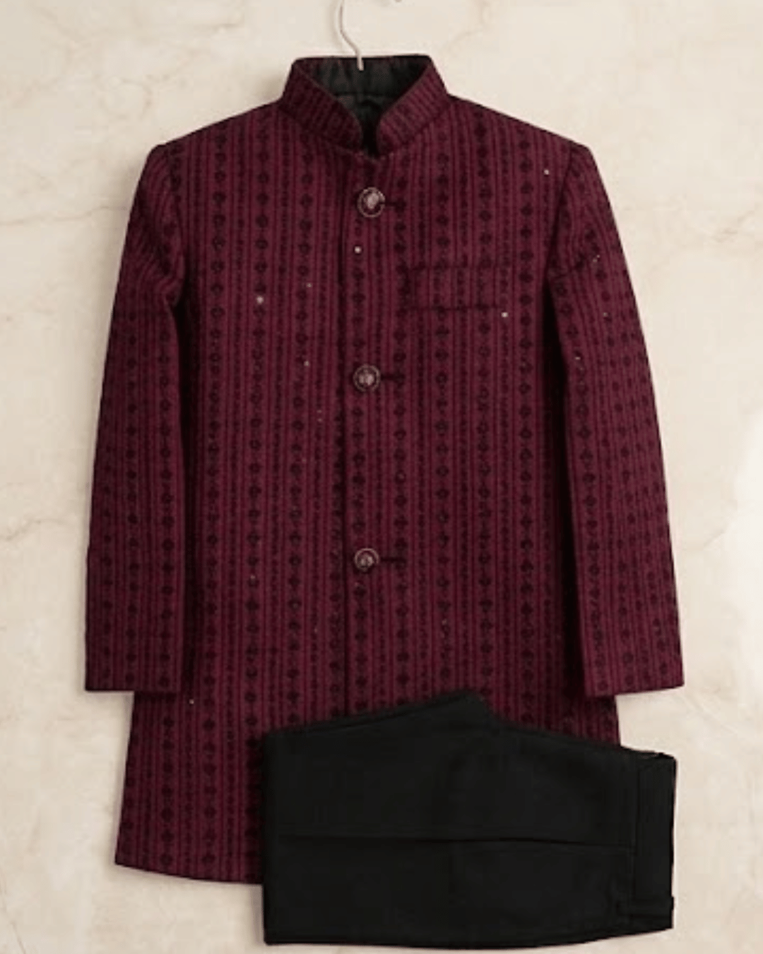 Boys Maroon Embroidered Sherwani with Trouser
