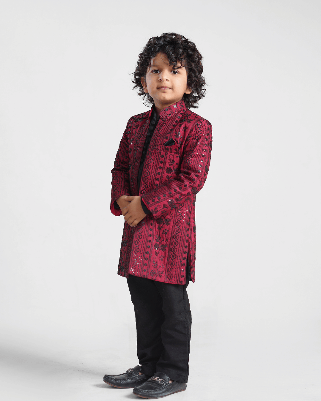 Boys Maroon Embroidered Open Sherwani Suit