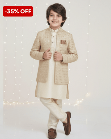 Boski Golden Embroidered Prince Coat Suit – Premium 3Pcs with Kurta Trouser