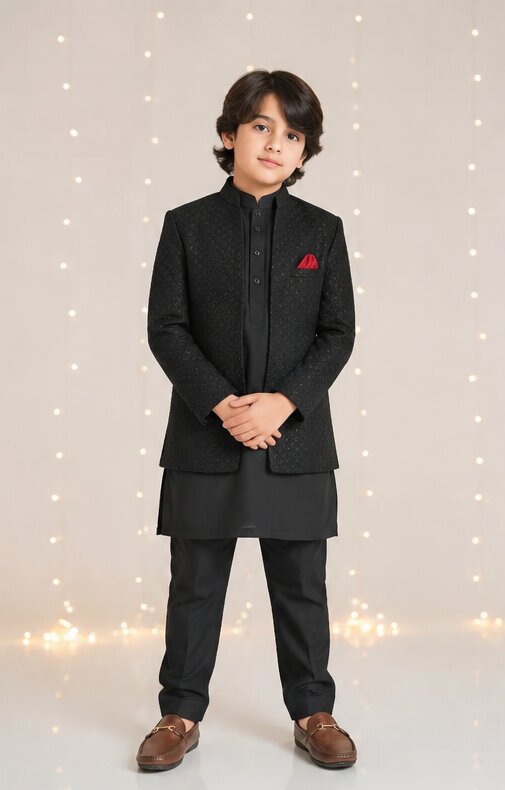 Boy wearing black textured embossed Prince Coat with black kurta trouser — full front view