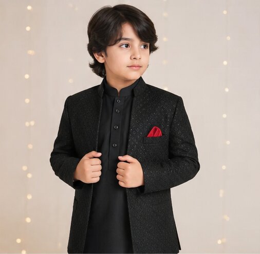 Boy wearing black textured embossed Prince Coat with black kurta trouser — full front view