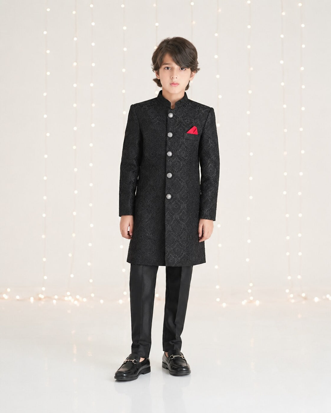 Classic black embossed sherwani with matching trouser for boys - front view