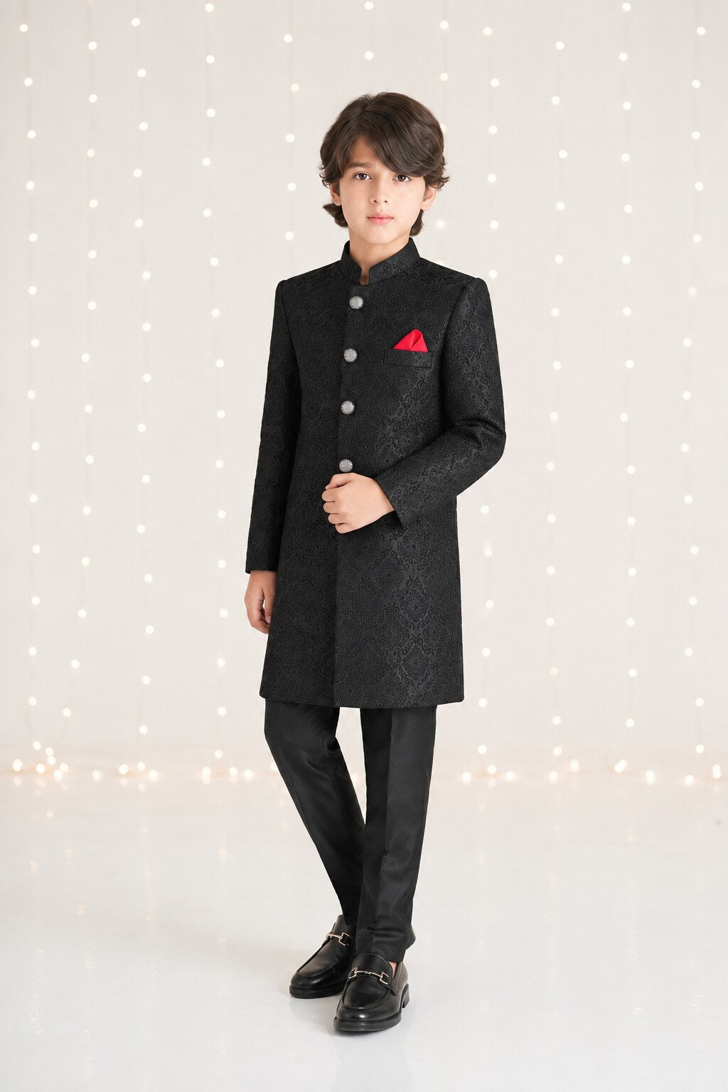 Classic black embossed sherwani with matching trouser for boys - front view
