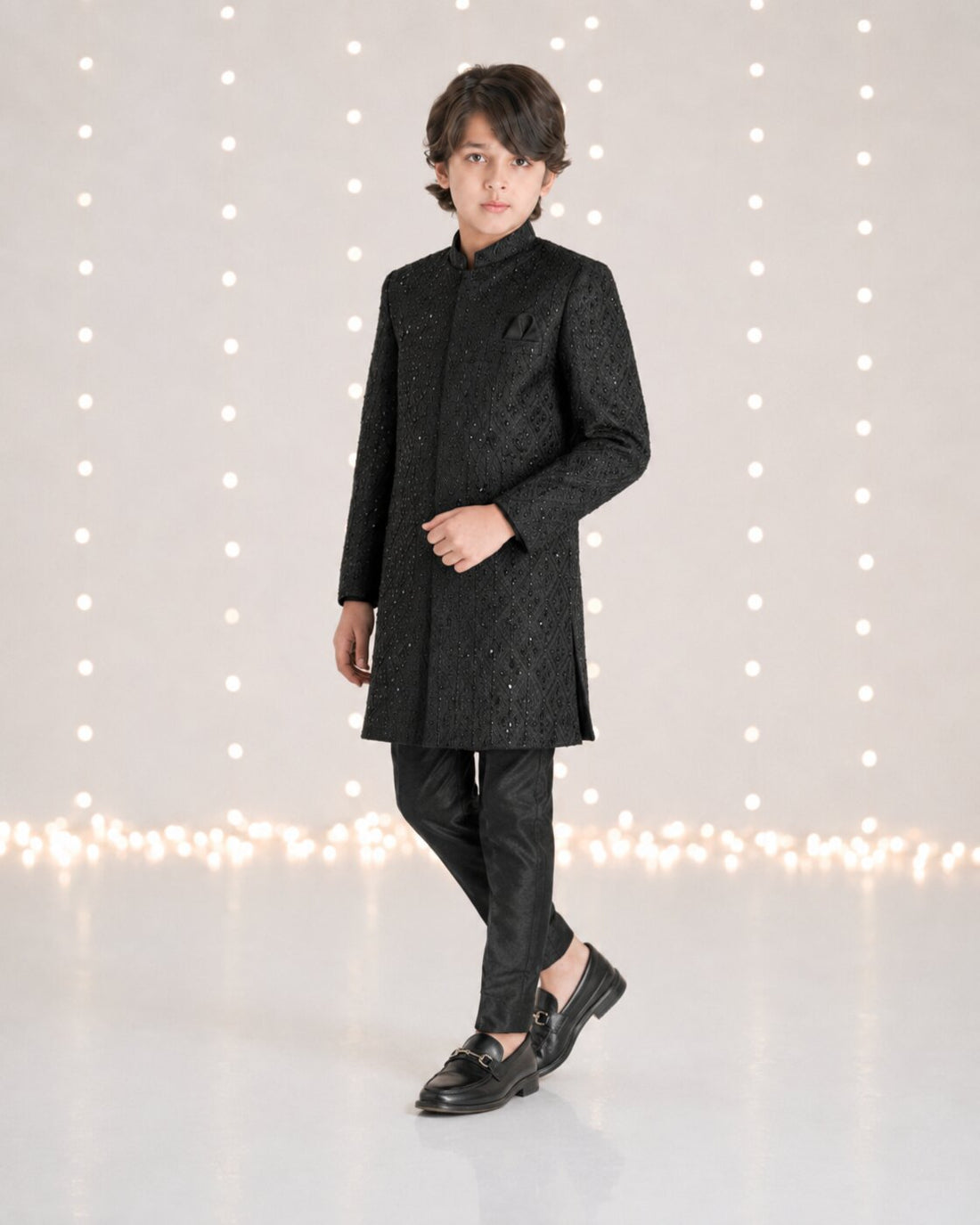 Black Kardana handwork Sherwani with matching trouser for boys – front view