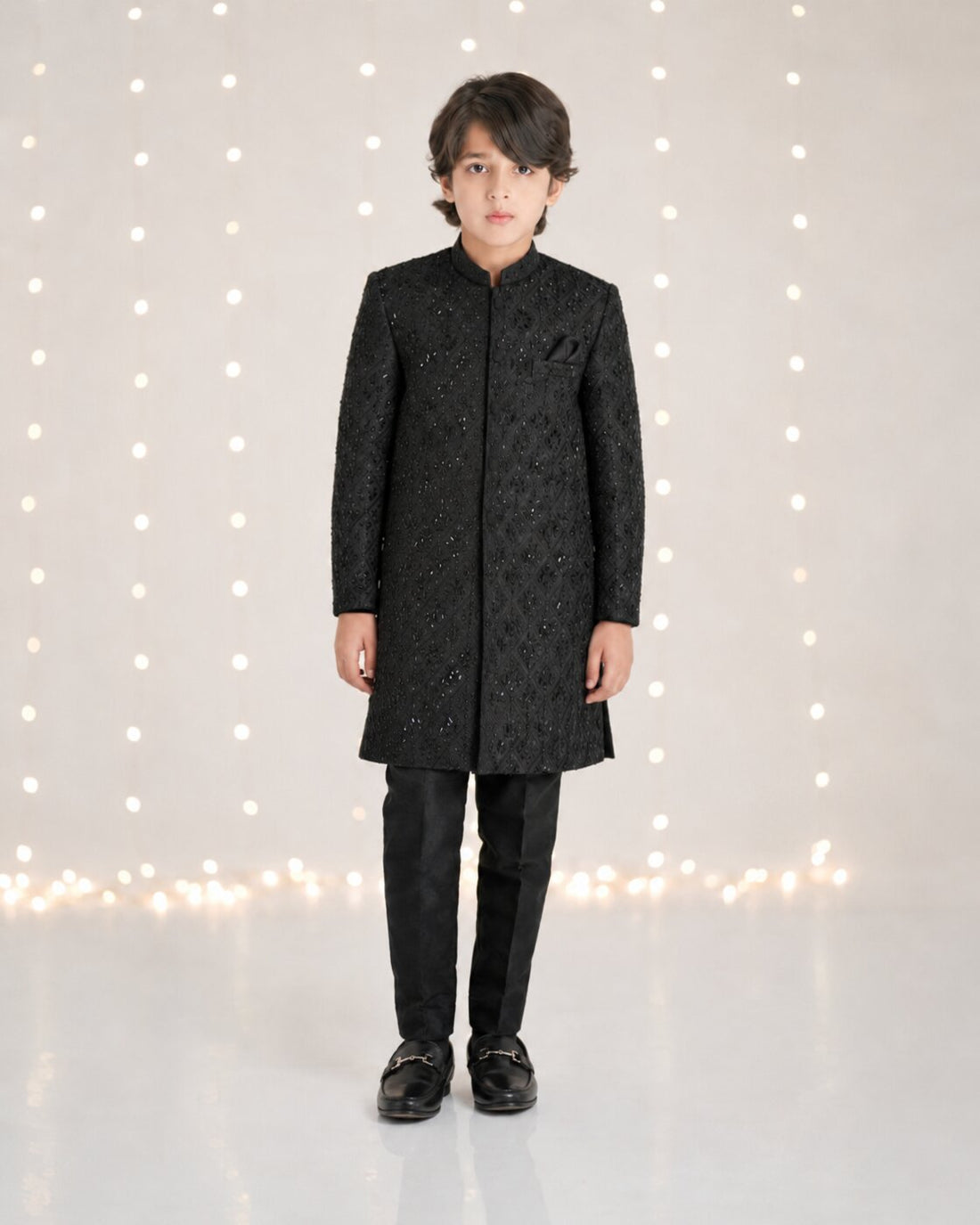 Black Kardana handwork Sherwani with matching trouser for boys – front view