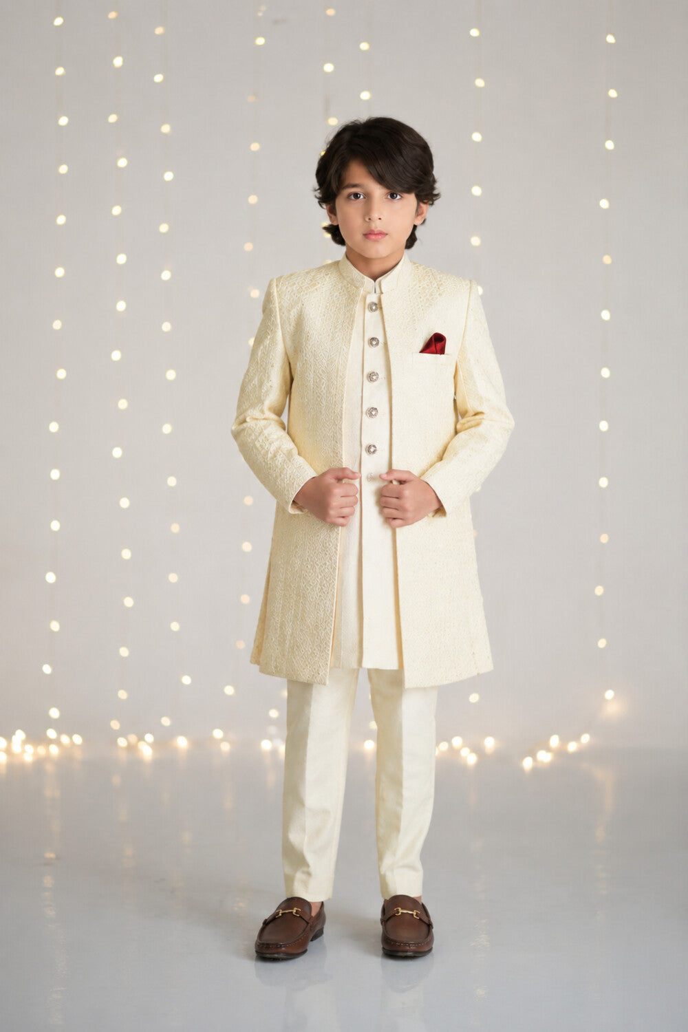 Front view of ivory textured sherwani suit for boys