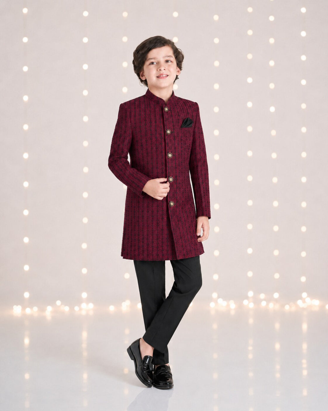 Boys maroon embroidered sherwani with black trouser - front view