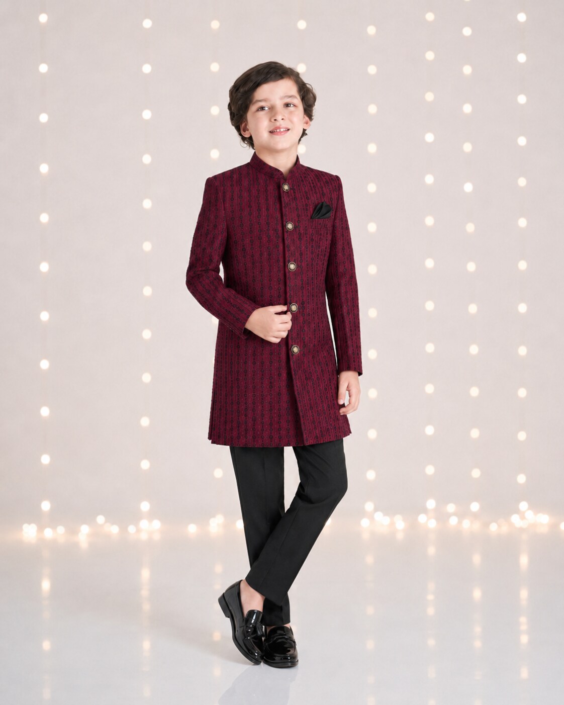 Boys maroon embroidered sherwani with black trouser - front view