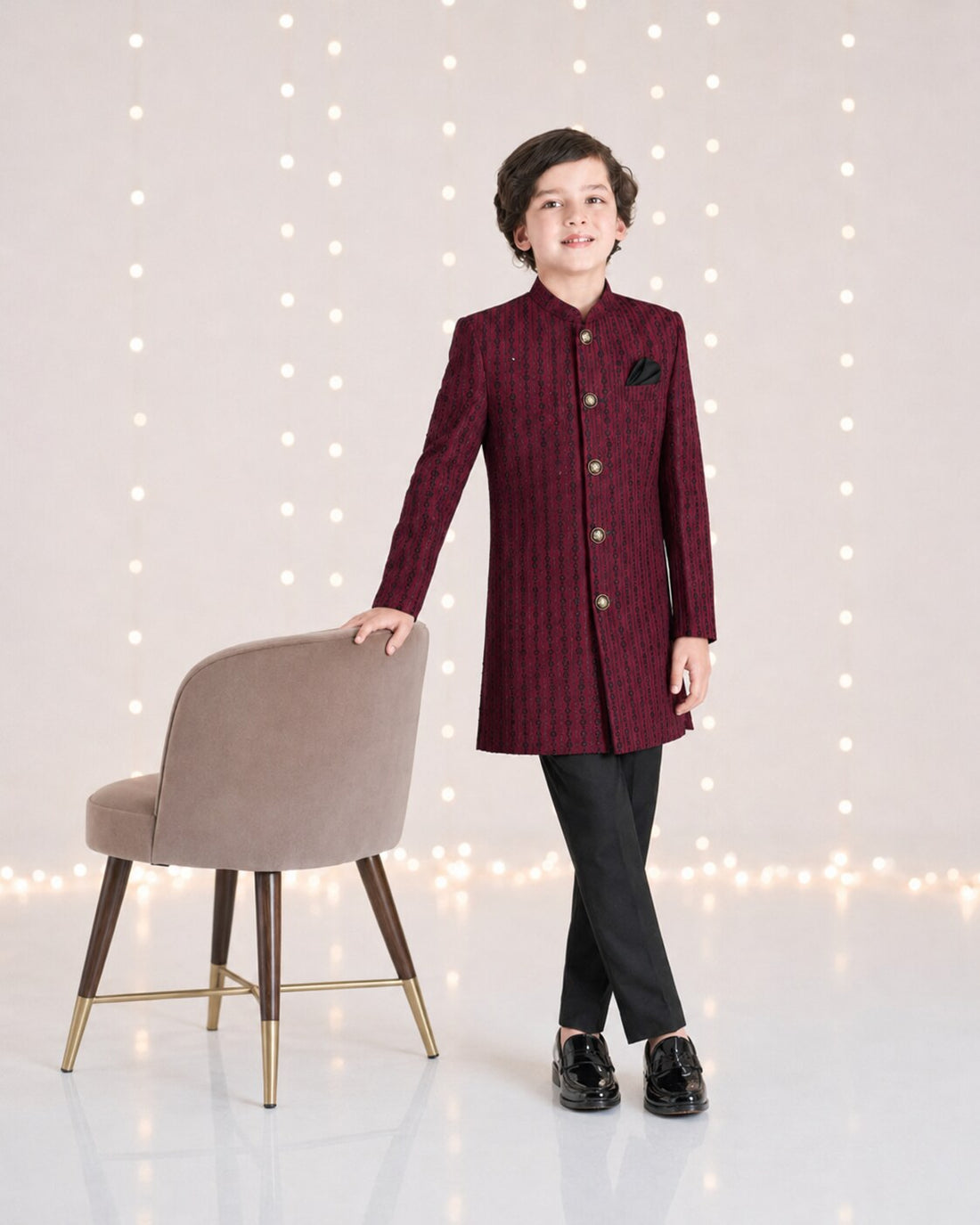 Boys maroon embroidered sherwani with black trouser - front view