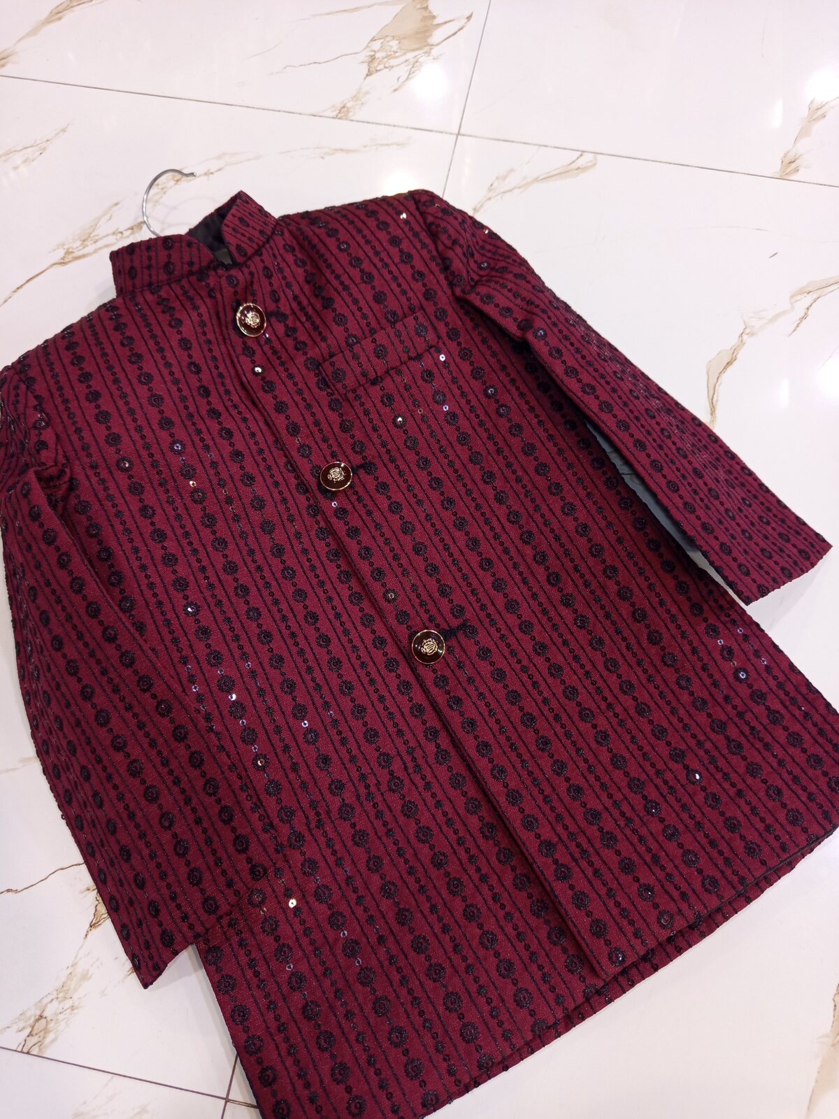 Real boys maroon embroidered sherwani - full article lying view