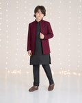 Maroon open Prince Coat with black kurta pajama for boys - front view
