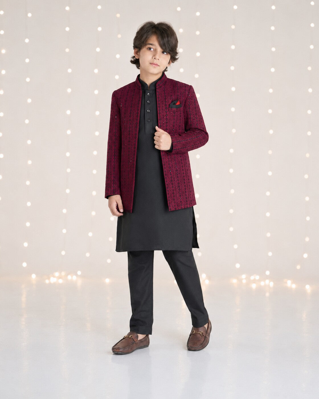 Maroon open Prince Coat with black kurta pajama for boys - front view