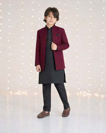 Maroon open Prince Coat with black kurta pajama for boys - front view