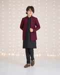 Boys maroon embroidered open Prince Coat with black kurta pajama - standing pose
