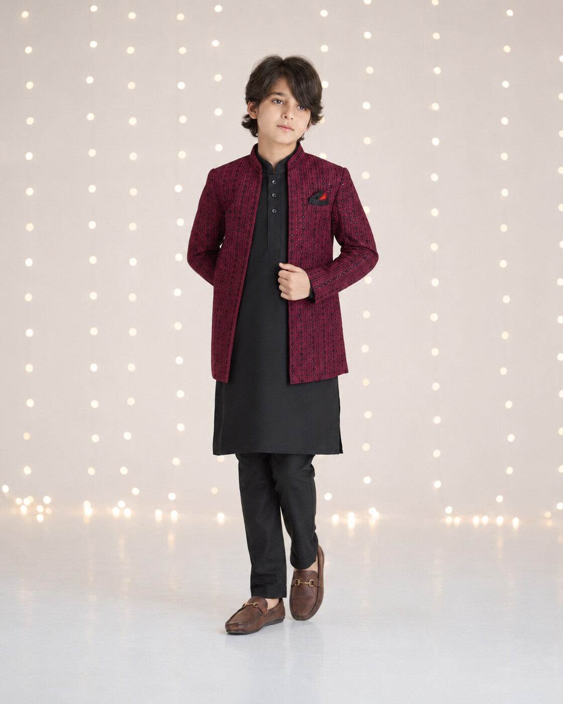 Boys maroon embroidered open Prince Coat with black kurta pajama - standing pose