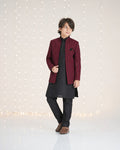 Maroon and black 3-piece Prince Coat wedding suit for boys - styled pose