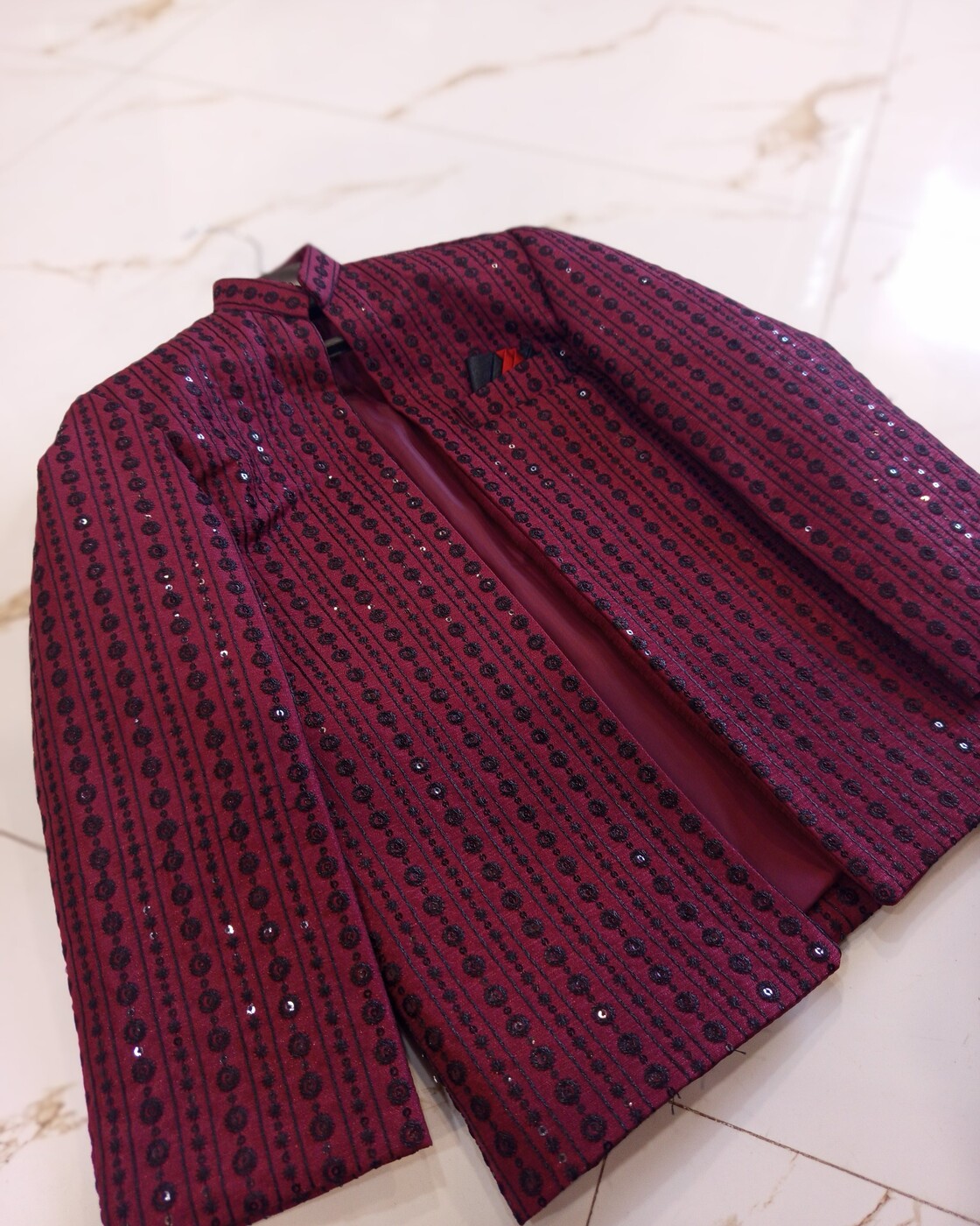 Real maroon open Prince Coat with black embroidered stripe and sequin detailing
