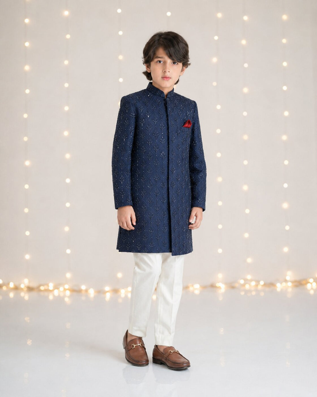 Navy blue Kardana handwork Sherwani with white trouser for boys – front view