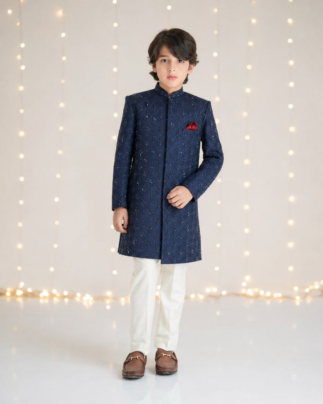 Navy blue Kardana handwork Sherwani with white trouser for boys – front view