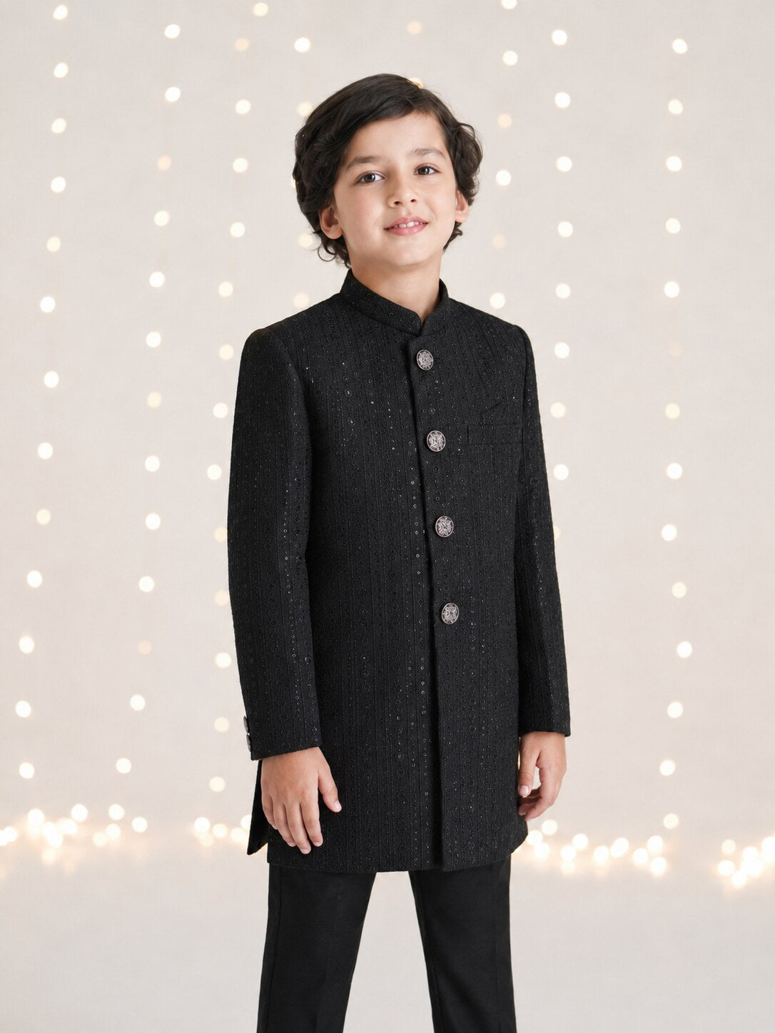 Night black Mesuri embroidered sherwani with trouser for boys - front view