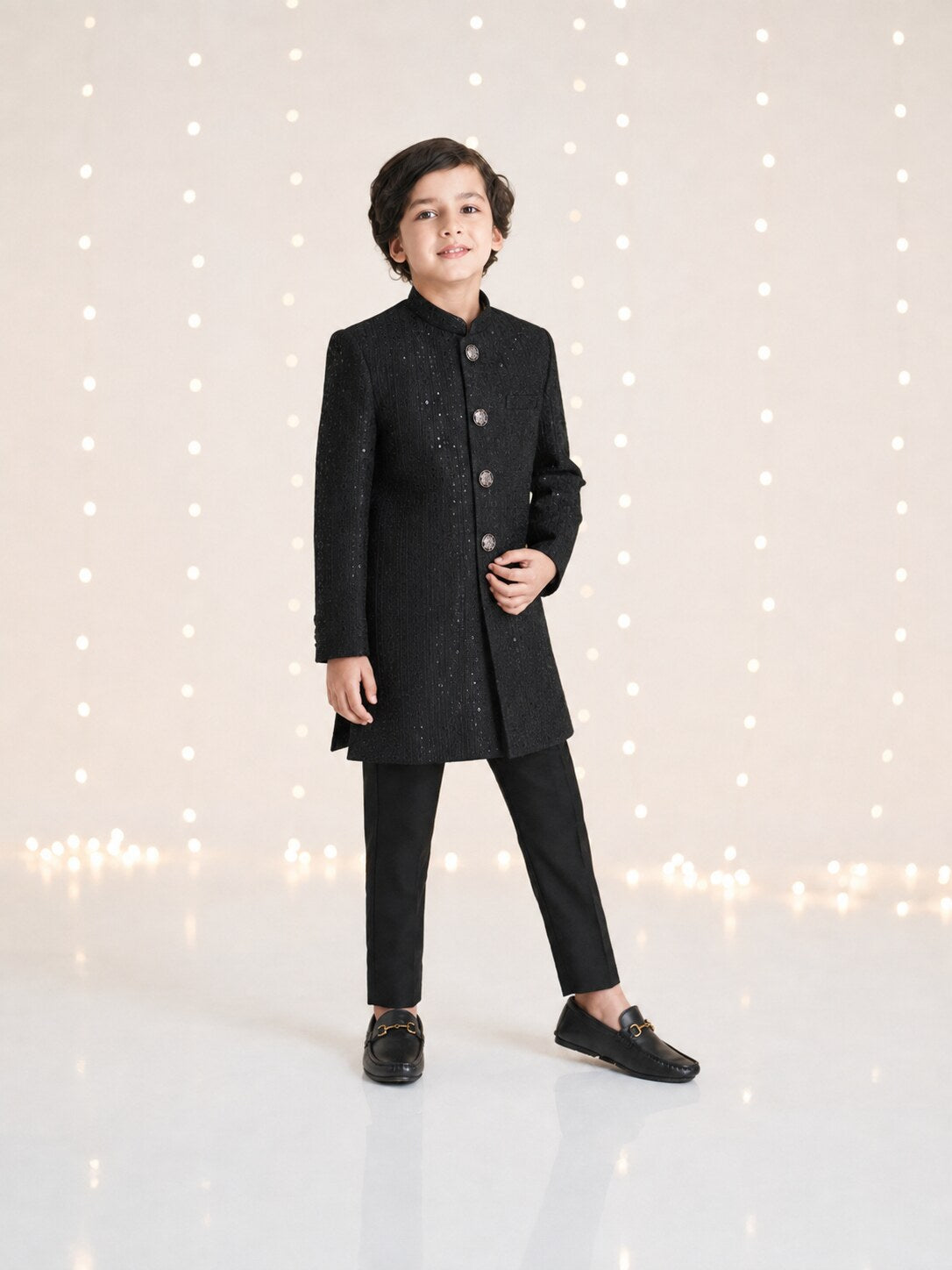 Night black Mesuri embroidered sherwani with trouser for boys - front view