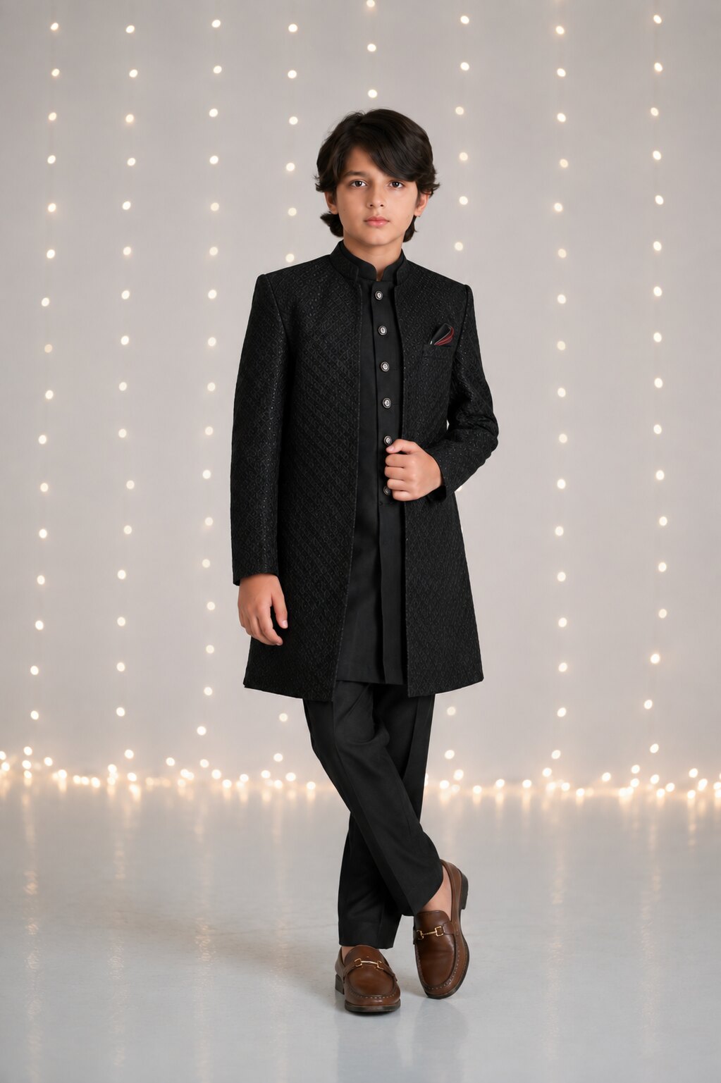 Night Black Indian Style 3-Piece Sherwani for boys – full look