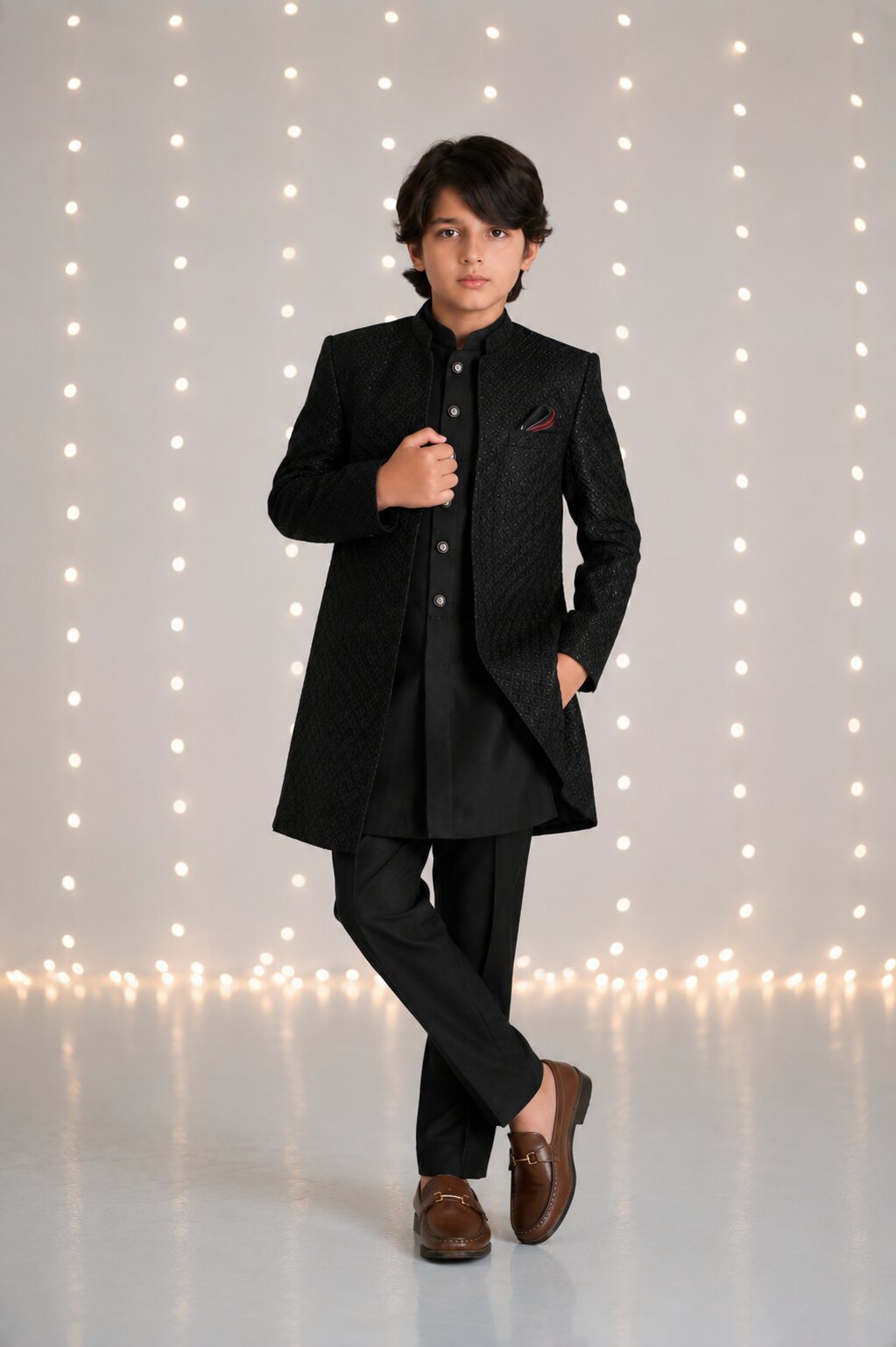 Night Black Indian Style 3-Piece Sherwani for boys – full look