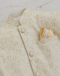 Noor-e-Shehzada white Sherwani embroidery, buttons and pocket-square detail