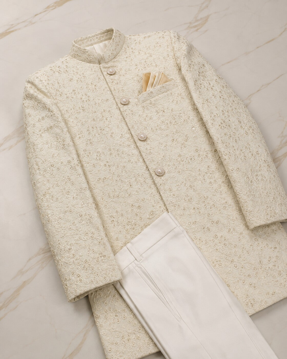 White Mesuri embroidered Sherwani and trouser for boys - full article view