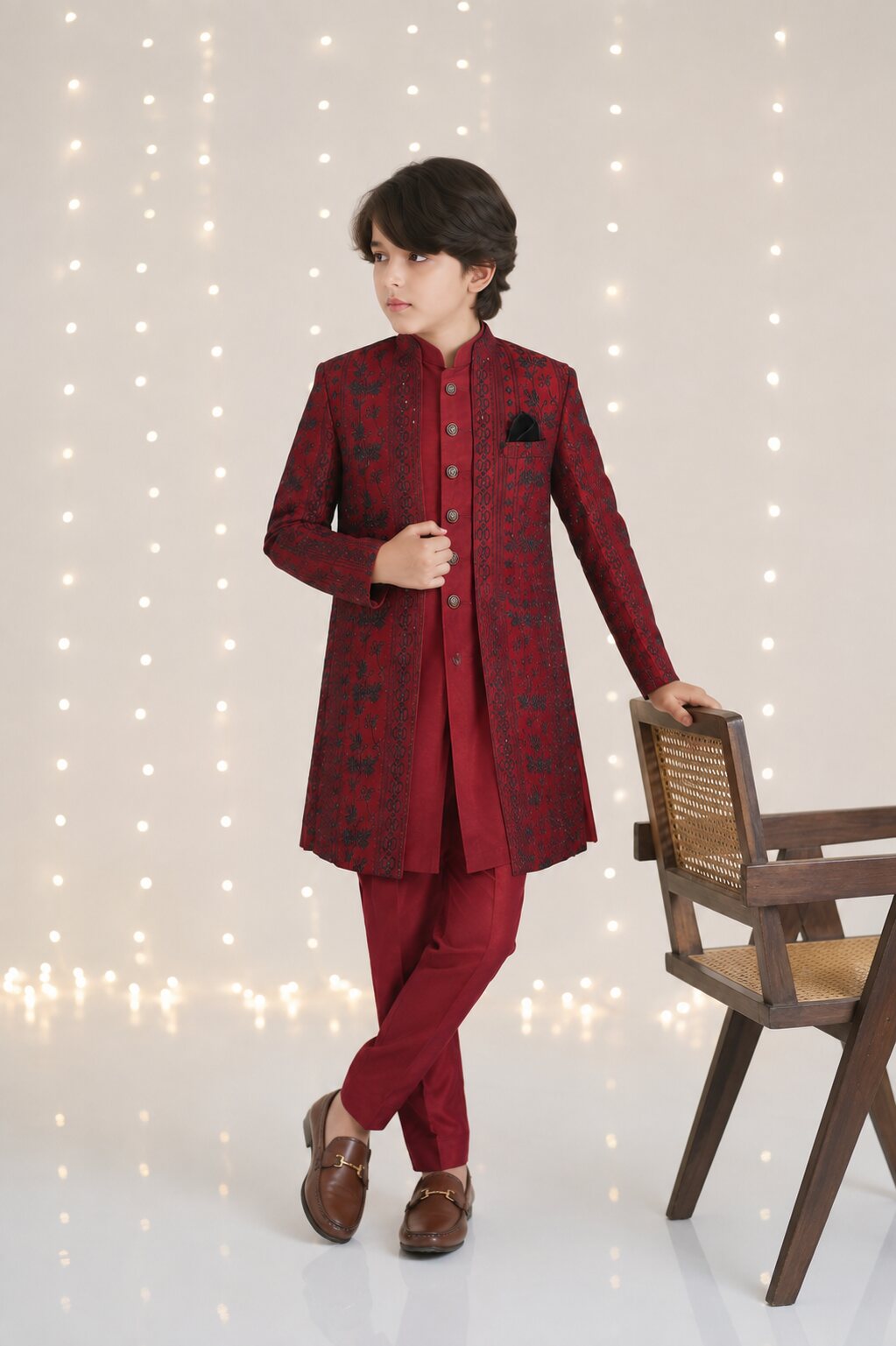 Regal Maroon Floral Indian Style 3-Piece Sherwani for boys – full front look