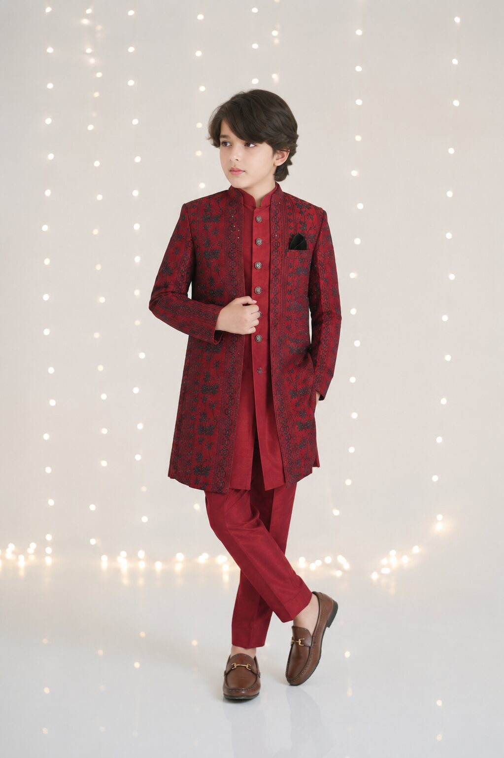 Regal Maroon Floral Indian Style 3-Piece Sherwani for boys – full front look