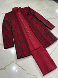 Regal Maroon Floral Sherwani real article – three-piece flat-lay detail