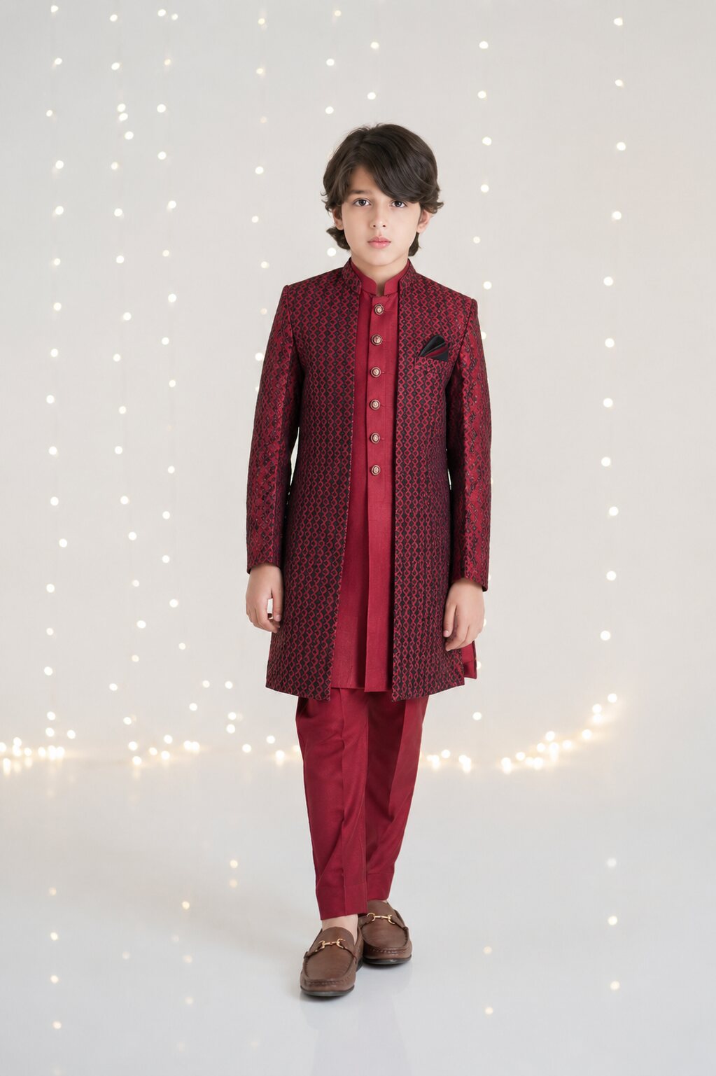 Royal Maroon Indian Style 3-Piece Sherwani for boys – styled full look