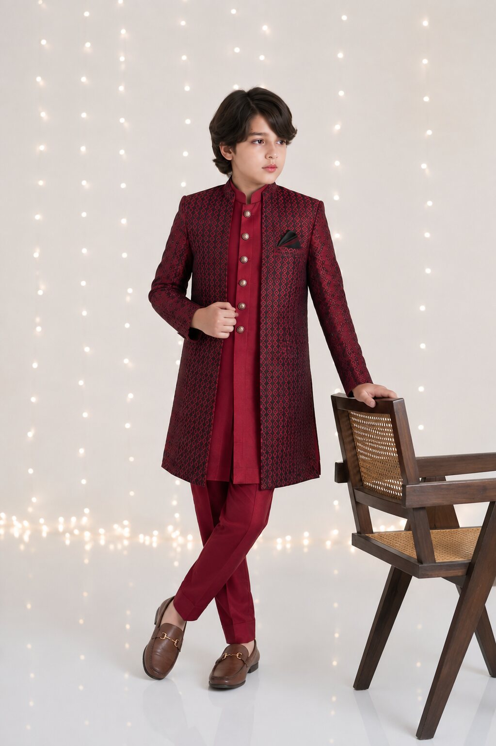 Royal Maroon Indian Style 3-Piece Sherwani for boys – styled full look
