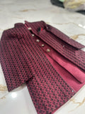 Royal Maroon Sherwani real article – geometric texture and button detail