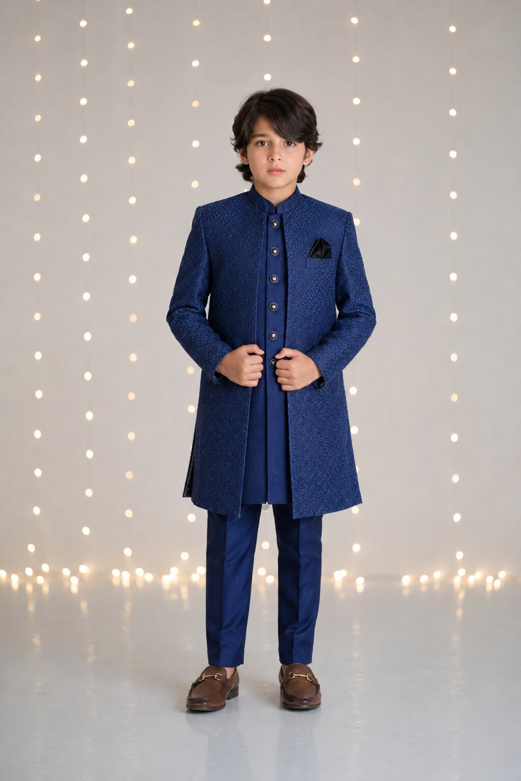 Royal Sapphire Blue 3-Piece Sherwani for boys – front view