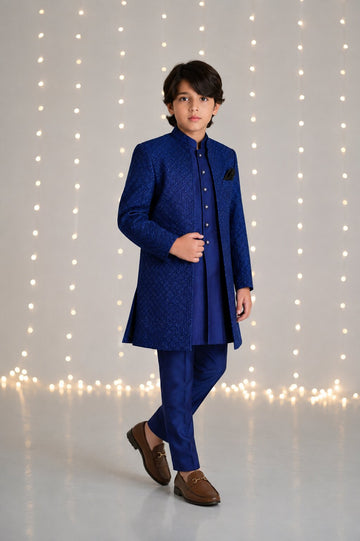 Royal Sapphire Blue Indian Style 3-Piece Sherwani for boys – full look