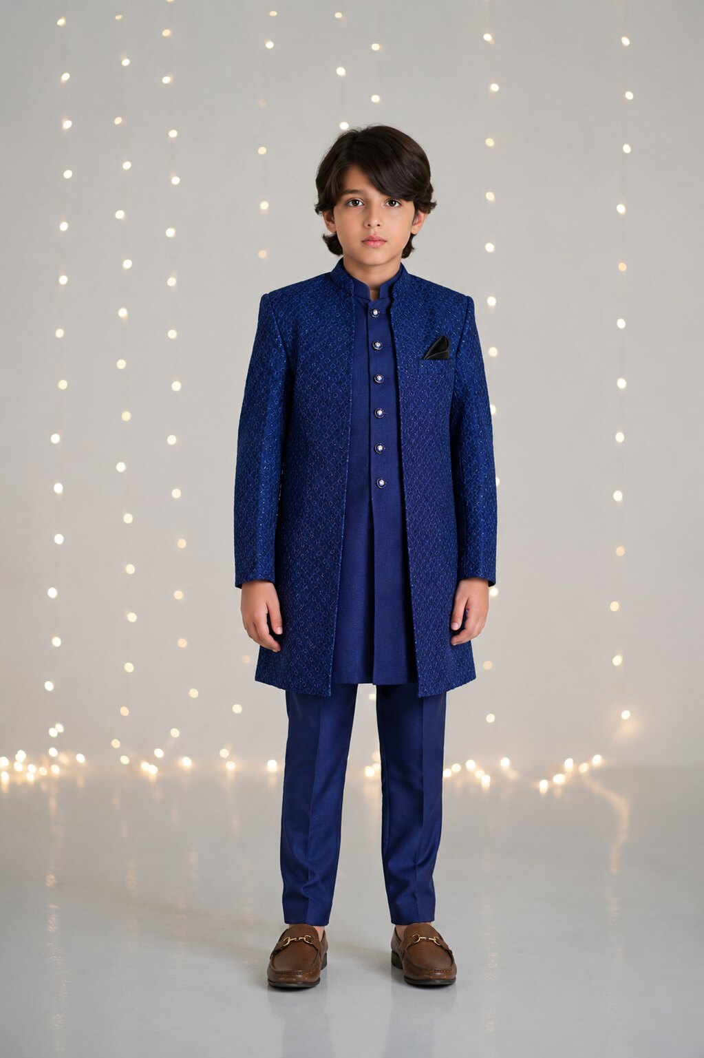 Royal Sapphire Blue Sherwani for boys – standing view