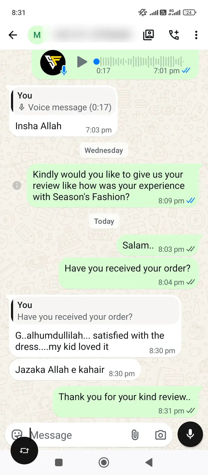 Privacy-protected WhatsApp customer review for Season's Fashion