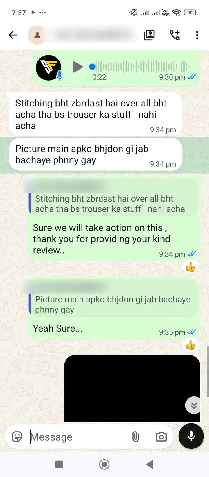 Privacy-protected WhatsApp customer review for Season's Fashion
