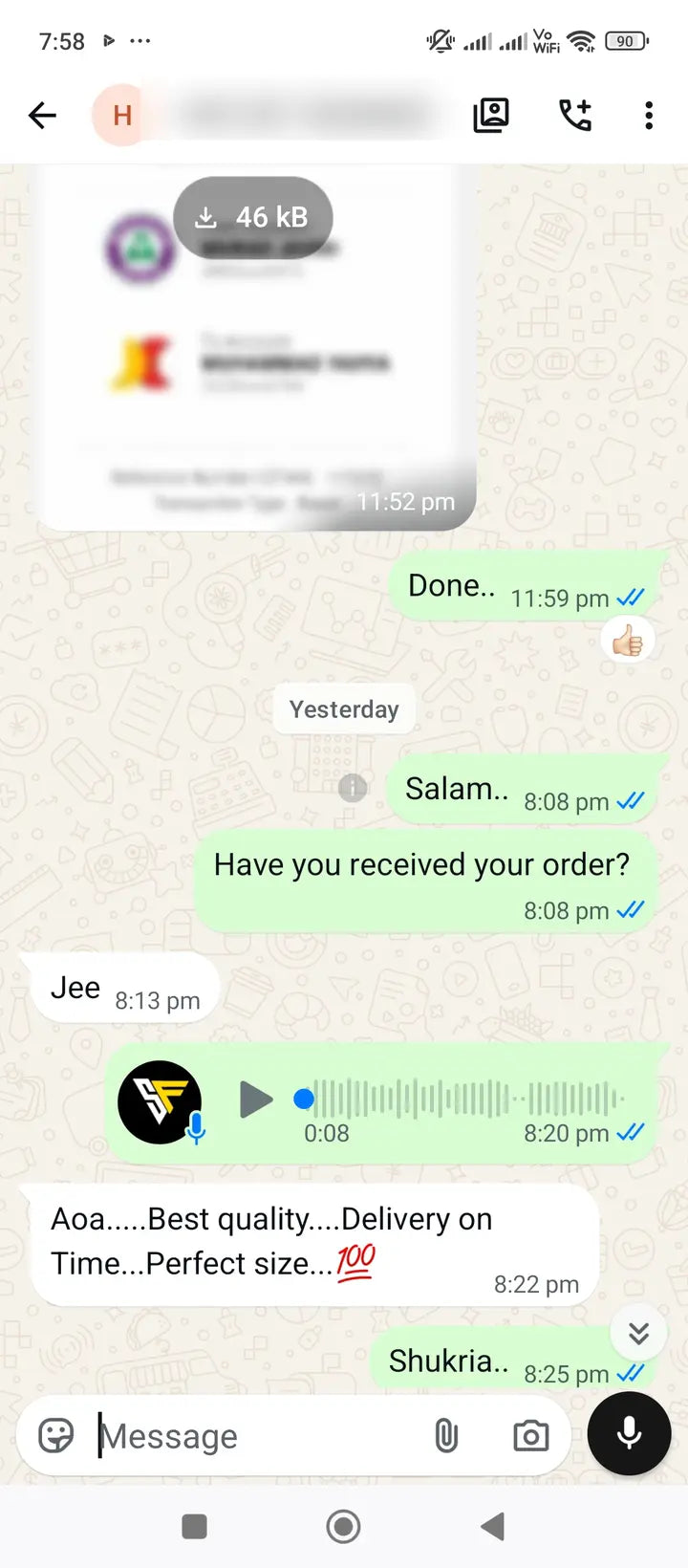 Privacy-protected WhatsApp customer review for Season's Fashion