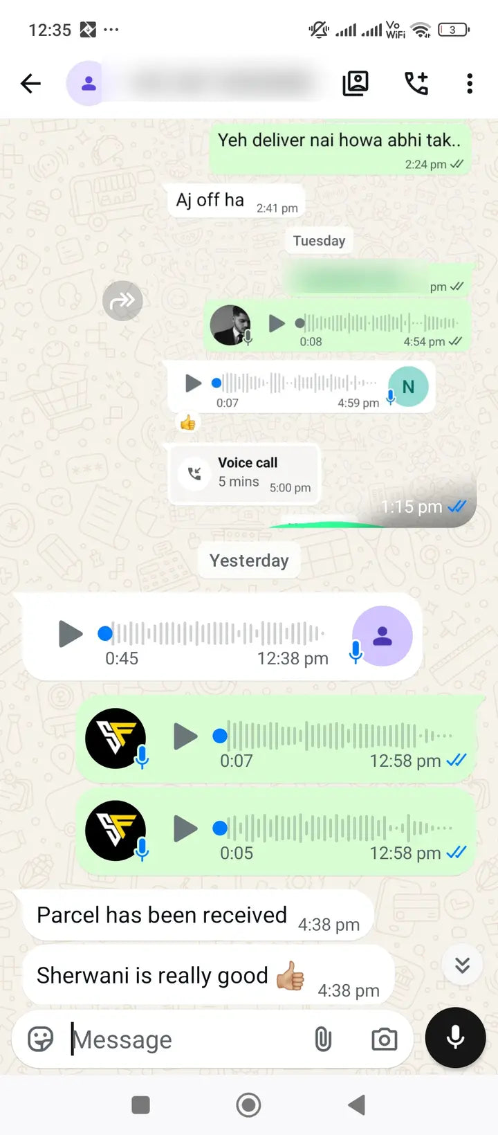 Privacy-protected WhatsApp customer review for Season's Fashion