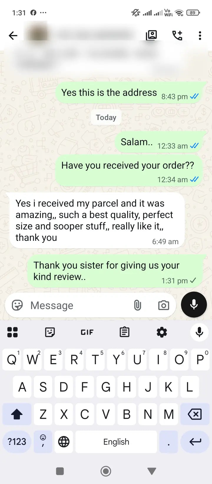 Privacy-protected WhatsApp customer review for Season's Fashion
