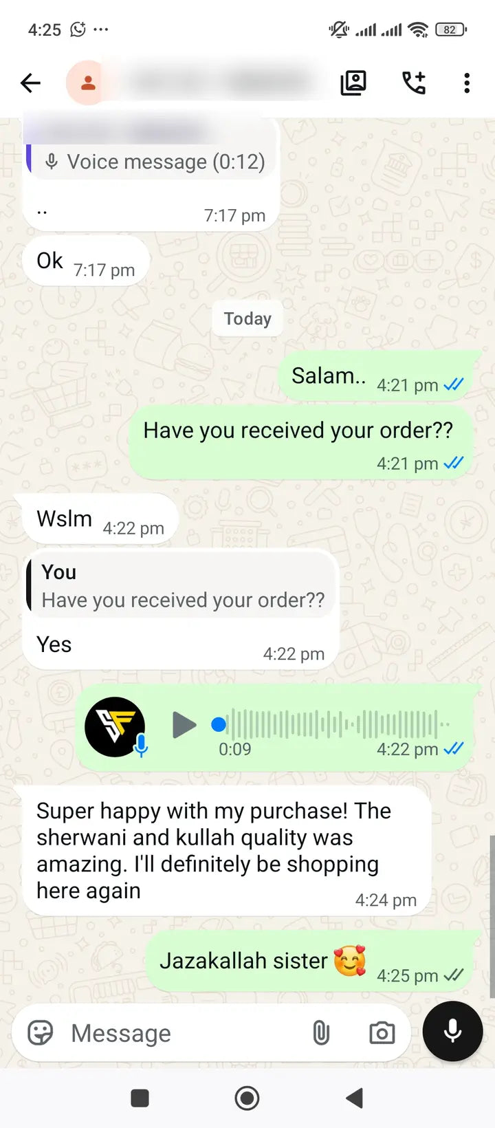 Privacy-protected WhatsApp customer review for Season's Fashion