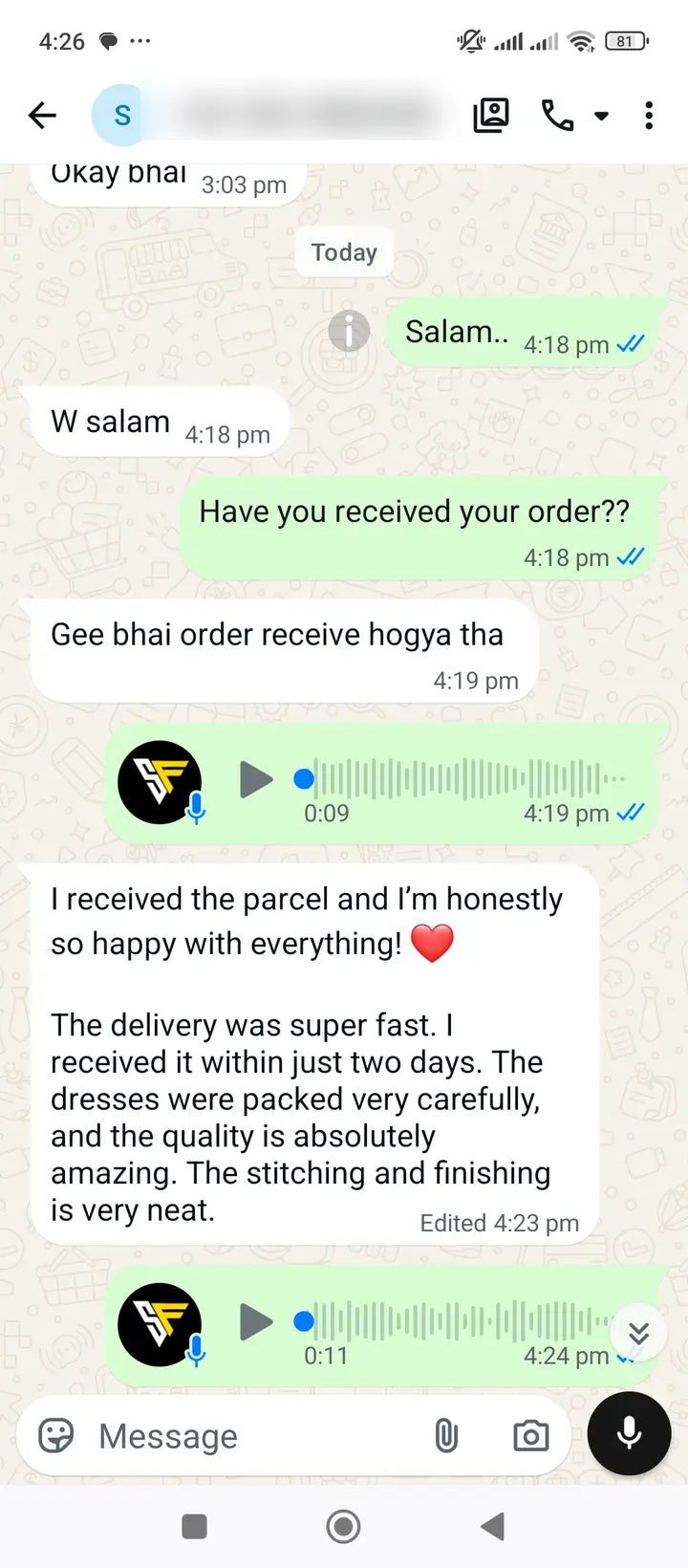 Privacy-protected WhatsApp customer review for Season's Fashion